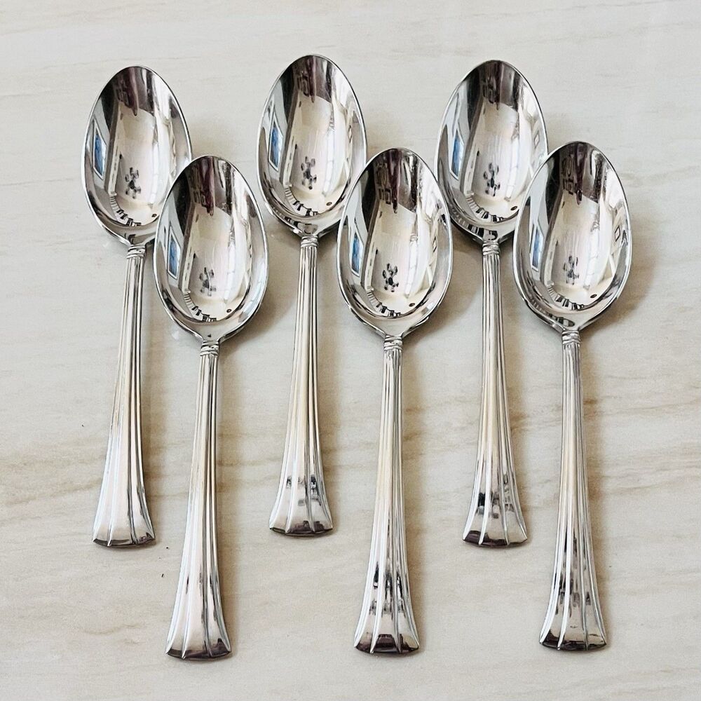 6pc WATERFORD Mont Clare Soup Spoon 7 1/8” Stainless Ridged Handle Flare Tip